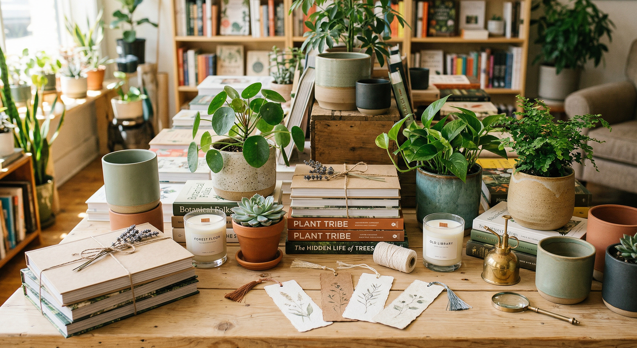 Curated book display with face-out titles and warm wood shelving