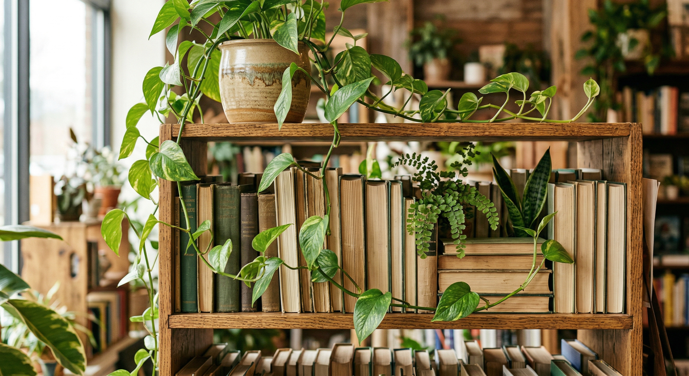 Interior vignette: books and botanical details in soft natural light