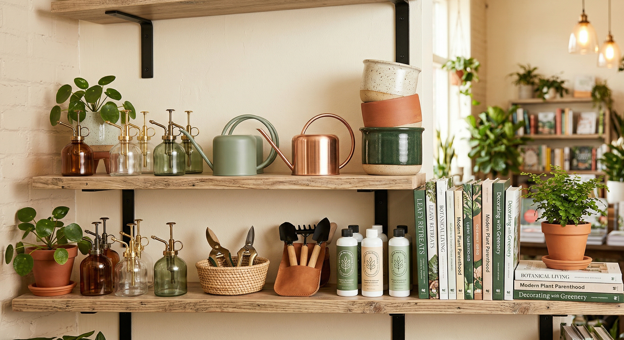 Shelving display mixing greenery and book spines