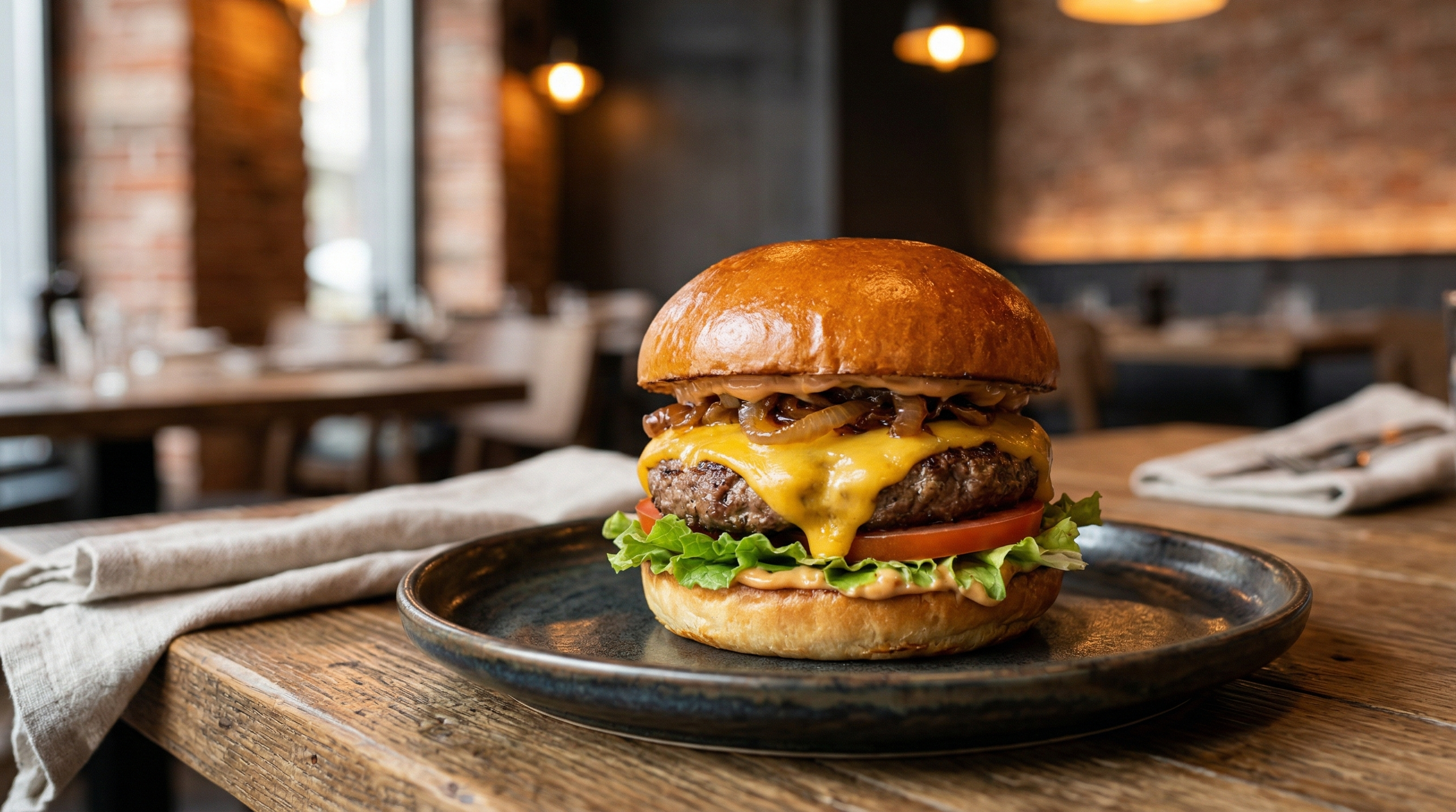 Signature burger with melted cheese and toppings