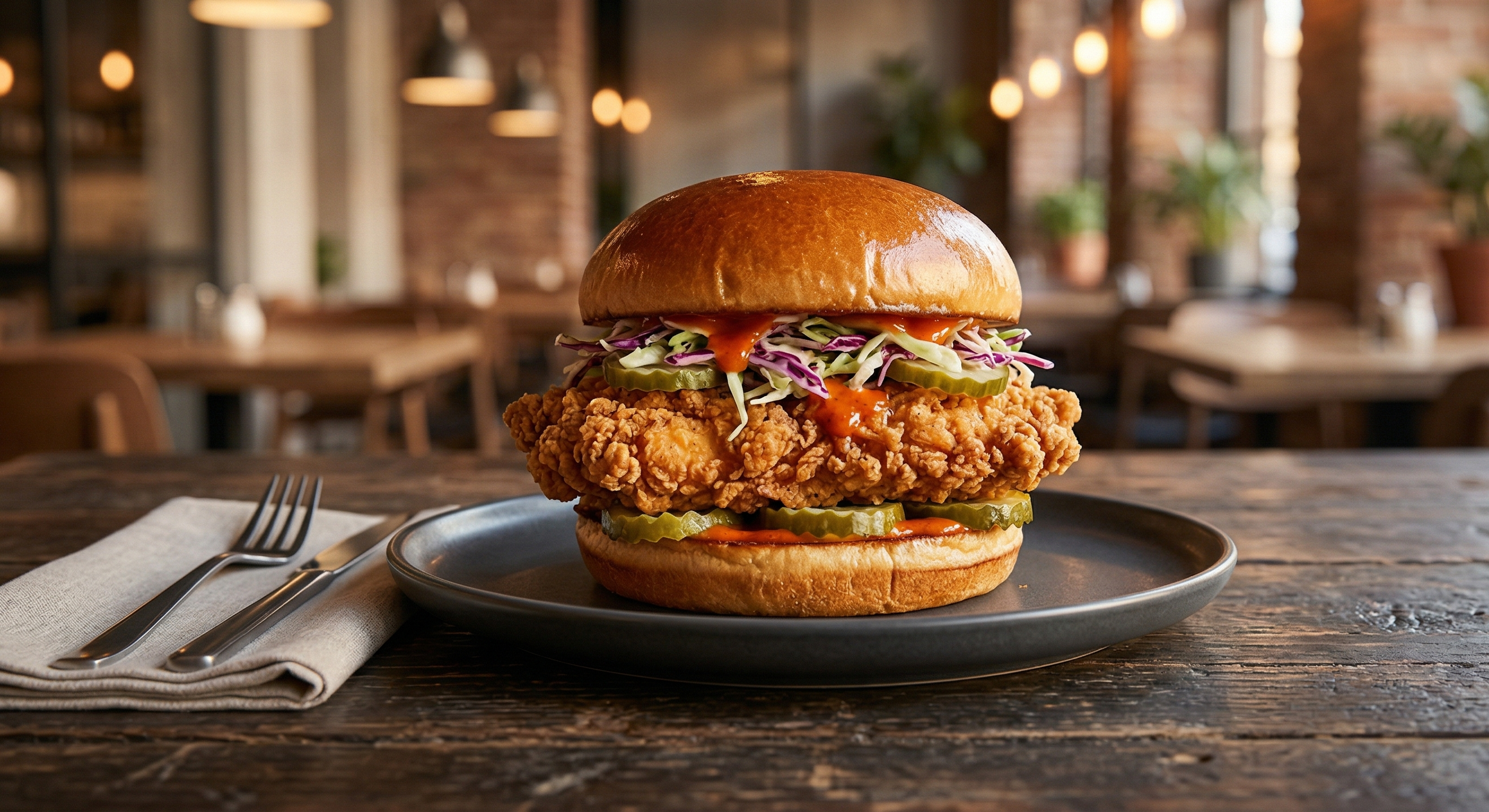 Fried chicken sandwich with fresh toppings